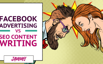 Two heads clashing together with the words, Facebook ads or SEO Content Writing - which one is right for you?