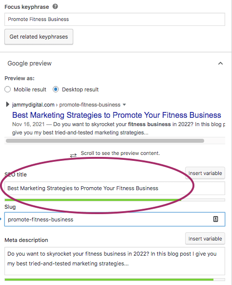 An example showing where to fill in the SEO title on Yoast